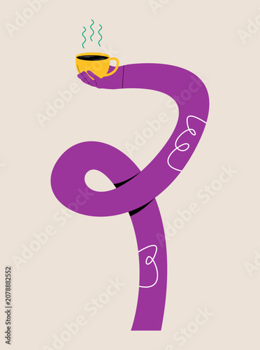 Funny long hand holding a coffee mug. Colorful vector illustration