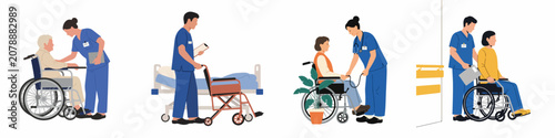 Billede på lærred Set of flat vector illustrations depicting nurses and caregivers providing medical assistance and support to elderly and disabled patients in wheelchairs and hospital beds