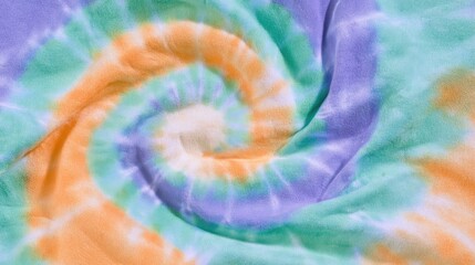 Vibrant Swirl Tie-Dye Fabric Texture with Purple Orange and Green Hues.
