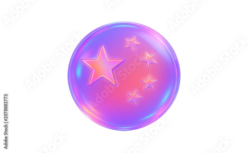 Vibrant holographic vector button with five glowing stars, modern iridescent gradient effect, shiny futuristic digital icon, trendy UI UX graphic element, colorful abstract symbol design
