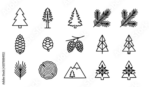 Foto Alpine pine trees and cones vector icon set with simple bold line art classic sp