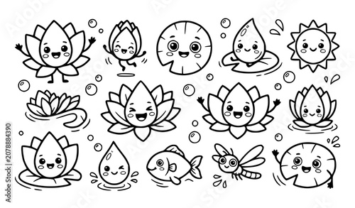 Photos Cute kawaii blooming lotus flower character vector set with funny cartoon water