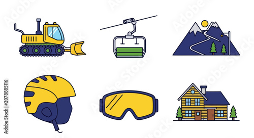 Obraz na płótnie Mountain winter resort activities and equipment line icons