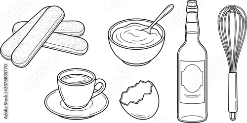 Foto Tiramisu Baking Ingredients and Kitchen Utensils Vector Set with Ladyfinger Bisc