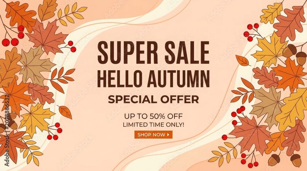 Fototapeta premium Autumn sale banner hello autumn super sale with up to 50 off limited time offer