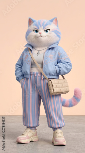 3D cute fluffy cartoon cat with pastel stripes posing in athleisure style fashion.