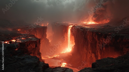 Lava waterfall cascading into a dark bottomless abyss with rising steam and fire, hellish inferno, dramatic volcanic landscape with molten rock flow and haunting fantasy atmosphere.