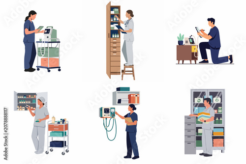 Set of flat vector illustrations depicting medical professionals managing hospital supplies, operating medical equipment, and performing daily tasks in a clinical setting.