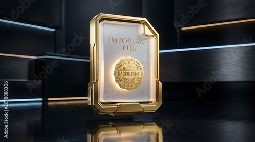 Prestige digital award plaque – futuristic gold and glass card standing in dark luxury studio, glowing edge light and embossed seal for premium certification, fintech, membership rewards, blockchain t