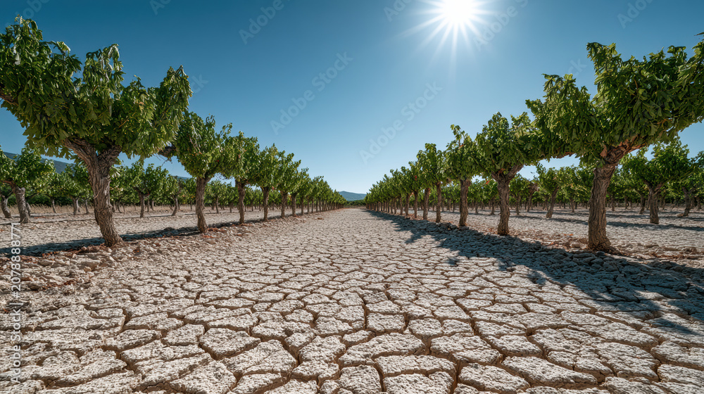 Fototapeta premium Rows of grapevine under harsh sunlight cracked dry soil drought green leaves vineyard agriculture summer climate change