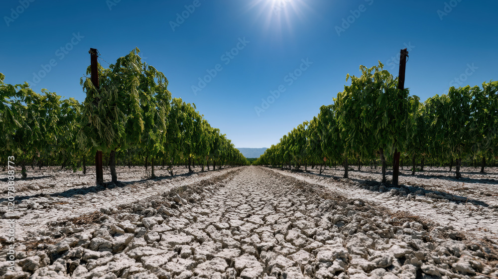 Fototapeta premium Rows of grapevine under harsh sunlight cracked dry soil vineyard landscape drought agriculture summer blue sky rural
