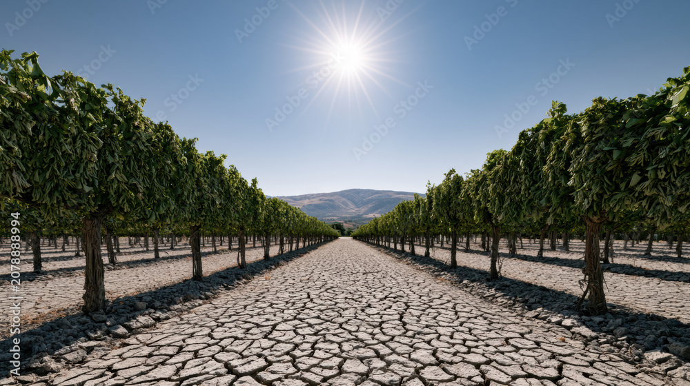 Fototapeta premium Rows of grapevine under harsh sunlight, cracked dry soil, vineyard landscape, drought, agriculture, summer, mountain background