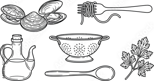 Tableau sur toile Seafood Pasta Ingredients and Utensils Vector Set featuring Clams Spaghetti on F