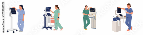 Flat vector illustration set of female nurses in scrubs operating medical monitoring equipment including heart rate monitors and diagnostic tools.
