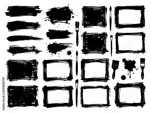 Paintbrush set with black ink squares and splatter textures, artistic brush strokes and paint stains for creative design backgrounds
