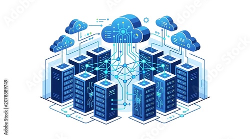 Isometric server rack units connected to a central cloud network showing advanced data processing and complex digital information storage systems