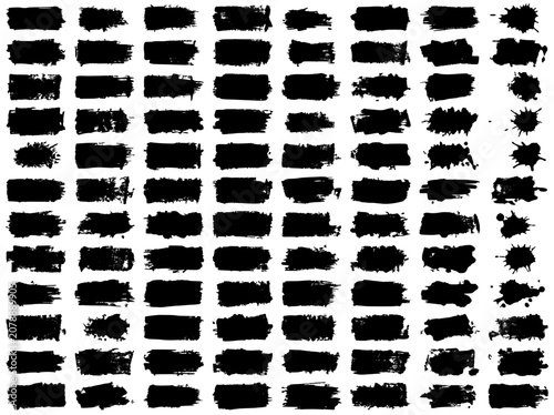 Brush stamp pattern sheet with grunge ink textures, repeating logo-like shapes, distressed edges, for design templates and backgrounds