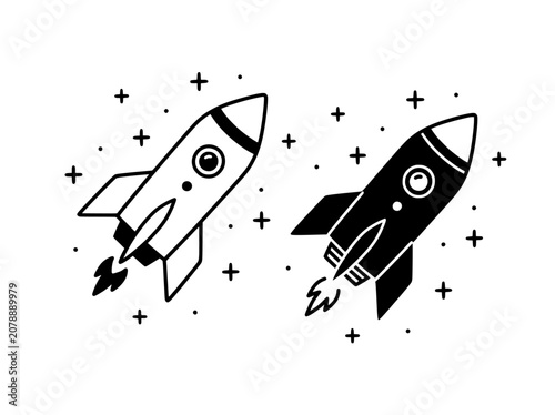 Rockets flying through space with stars in the background, minimal flat vector illustration featuring rocket, design, launch with cosmic and outer elements for travel