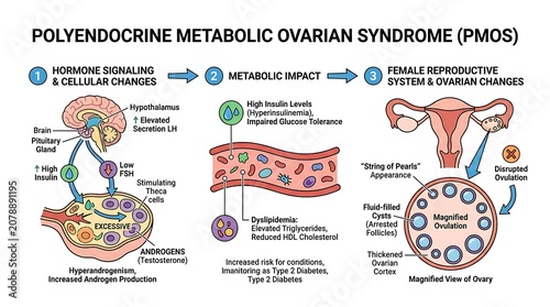Medical illustration of polyendocrine metabolic ovarian syndrome progression