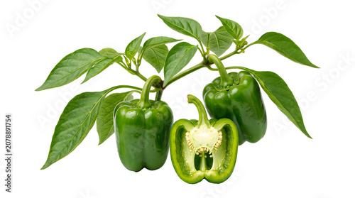 Fresh green bell peppers growing on a leafy branch, including two whole peppers and one sliced half showing the interior seeds, isolated on a white background, for food display