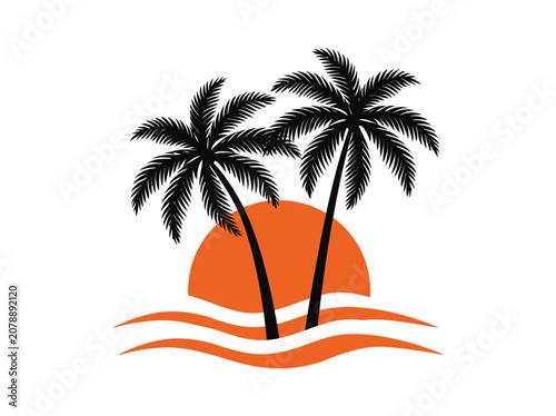 Palmtree icon vector illustration with sunset and ocean waves
