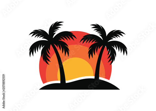 Island vector icon featuring stylized palm trees and sunset, tropical