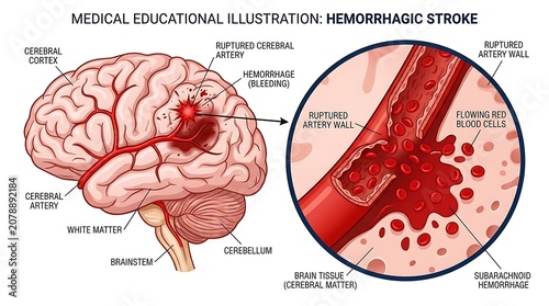 Medical illustration depicting hemorrhagic stroke brain damage and blood vessel