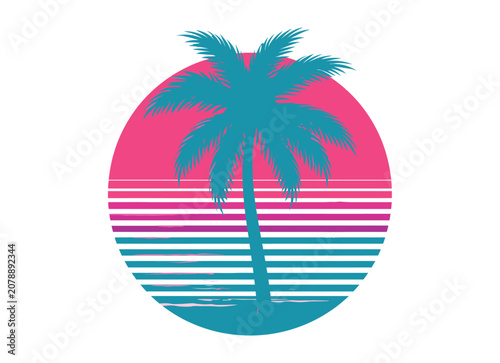 Palmtree vector illustration sunset circle design with palmtree
