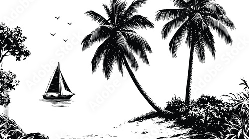 Palmtree landscape vector illustration featuring sailboat