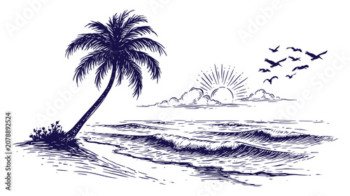 Palmtree drawing illustration seascape view with palmtree, seascape