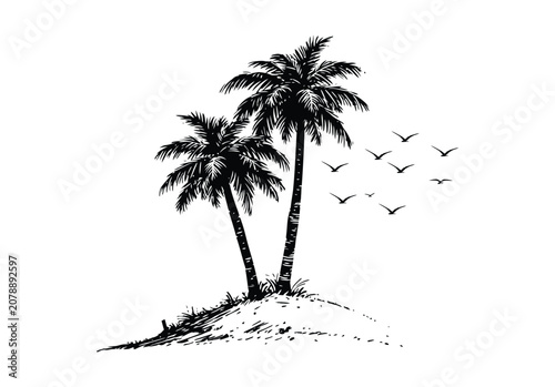 Palm vector silhouette sketch with beach umbrella and seagulls