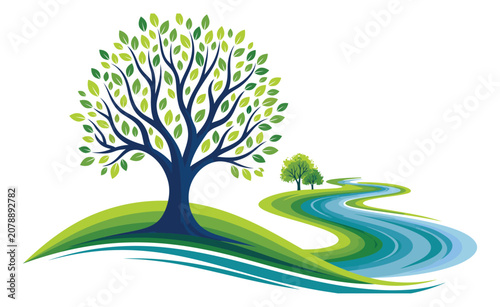 Tree vector illustration featuring stylized flowing river and green