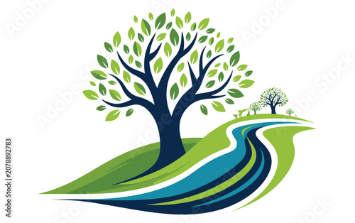 Tree vector graphic showing green landscape with winding river