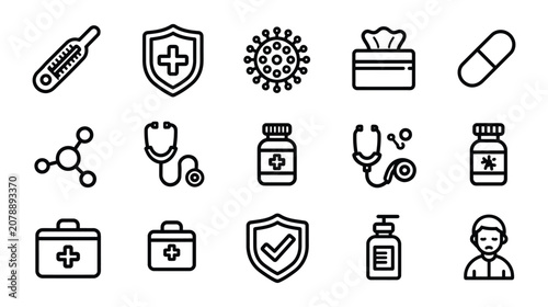Medical icons vector set representing essential healthcare