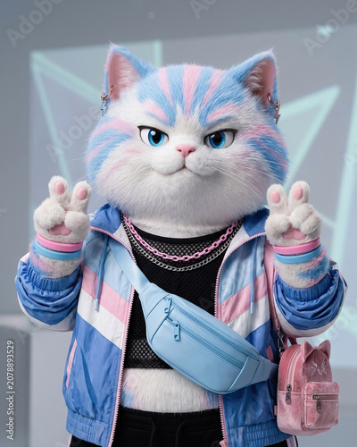 3D cute fluffy cartoon cat with pastel stripes posing in athleisure style fashion.