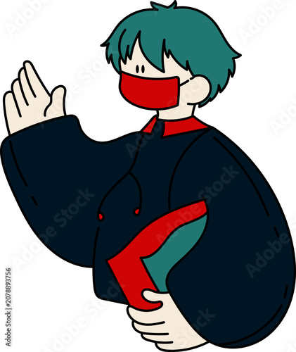 Teal-haired man in red face mask holds book