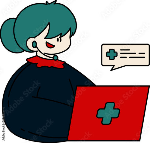 Woman with teal hair using laptop with medical cross