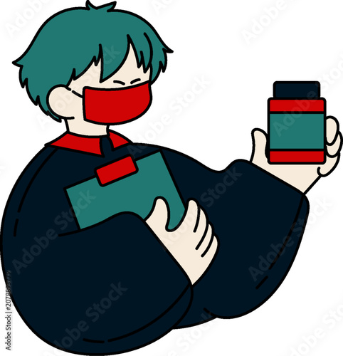 Cartoon character holding medical prescription and pill bottle