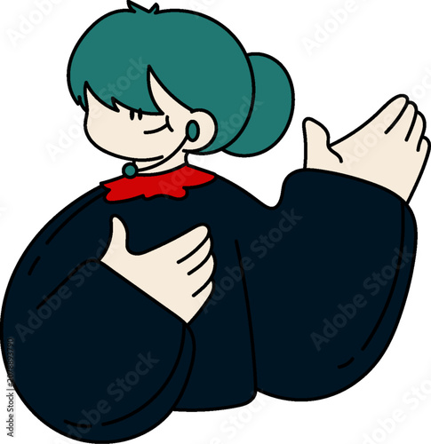 Teal-haired woman in black sweater gesturing