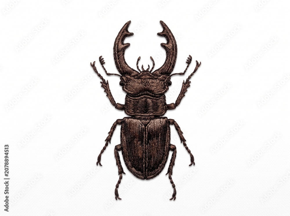 Fototapeta premium Detailed stag beetle embroidery art isolated on white background 