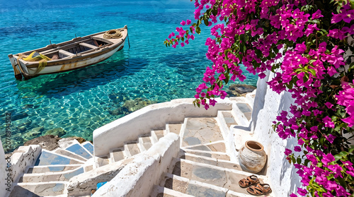 Colorful wooden stairs leading to seaside house with tree on beach and rooftop, Mediterranean summer vacation landscape in Croatia, ocean view, tropical coast, sand pier boat