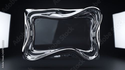 Minimalist chrome wavy frame set against dark studio background with soft side lighting highlighting reflective liquid textures and smooth distorted metallic curves.