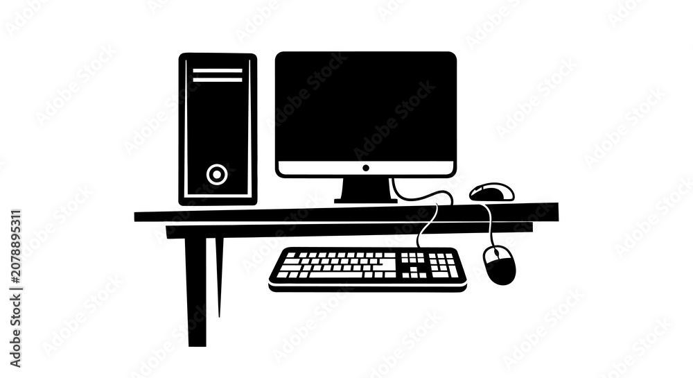 Fototapeta premium Computer Setup With Monitor Keyboard And Mouse Silhouette