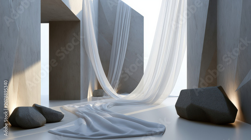 Minimalist architecture concrete wall flowing white fabric geometric stone soft light modern interior serene abstract spacious