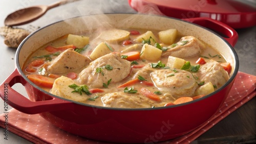 Creamy chicken stew with potatoes and carrots served in a red pot for a cozy dinner experience