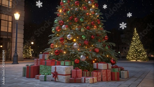 Christmas tree stands tall with gifts all around in a festive setting during the holiday season at night