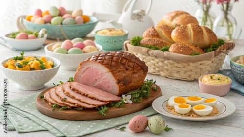 Easter celebration features traditional ham, eggs, and bread with colorful decorations for a festive gathering