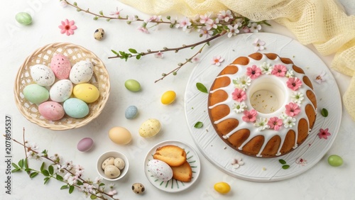 Delicious Easter cake with colorful eggs and spring flowers on a festive table