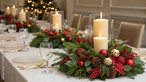 Festive holiday centerpieces for formal dinner setting with candles and greenery