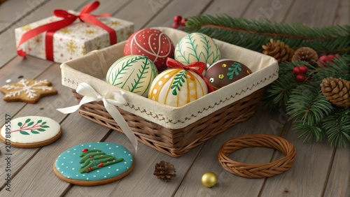Festive ornaments sit in a basket on a table alongside gifts and holiday decorations during a winter celebration